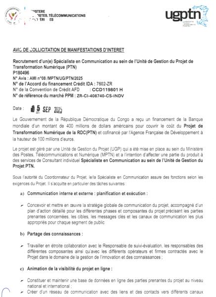 	Spécialiste en Communication       UG PTN	Kinshasa	